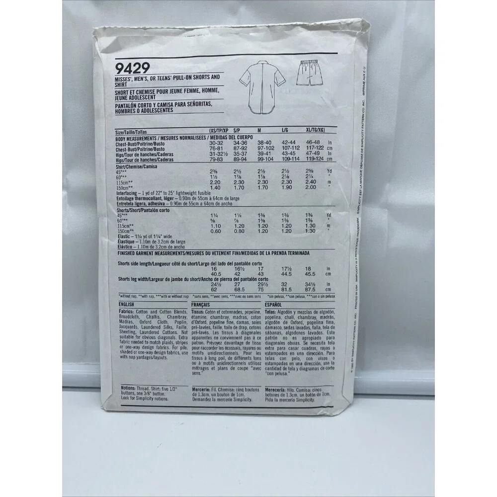 Simplicity Sewing Pattern 9429 Unisex Women Shorts and Shirt XS S M L XL Uncut - Picture 2 of 4